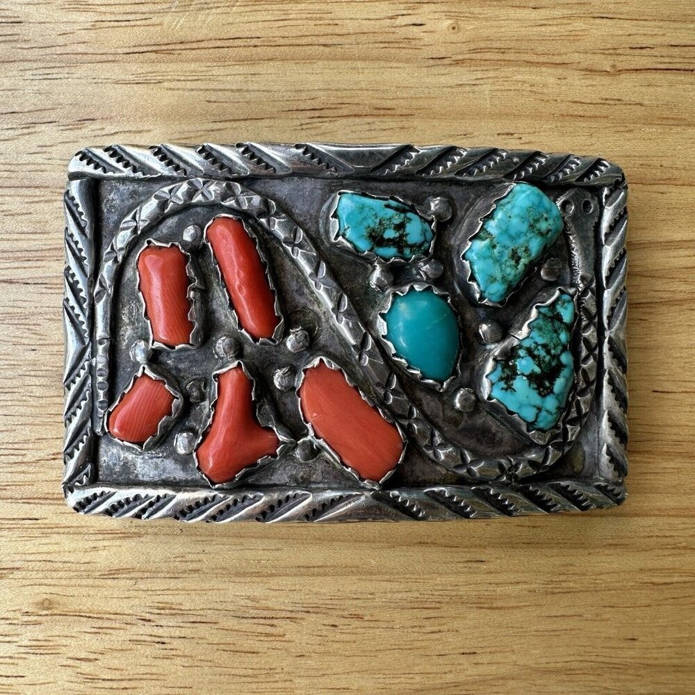 Zuni Milton Lasiloo Buckle 3" x‎ 2" Coral Turquoise Rattlesnake Sterling 69.5g